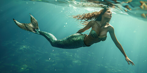 Young woman in a shimmering mermaid tail swims gracefully in the crystal clear ocean depths