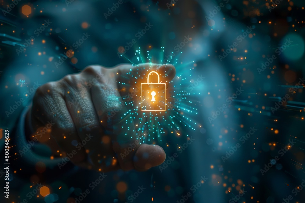 Aufkleber a businessman confidently holds a glowing security padlock button on a virtual screen, hand with cyb