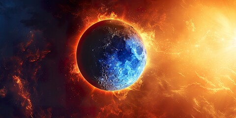 Sun Eclipse Blue Color Fire bright Background elegant Moon Design Style Space Science Glow Light