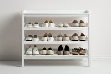 Minimalist white shoe rack filled with an assortment of clean, fashionable shoes against a neutral background