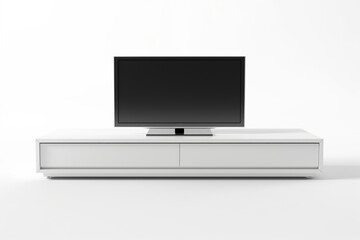 Sleek, minimalist white tv stand with a flat-screen television, exemplifying clean lines and contemporary home decor