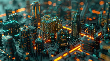 Circuit board cityscape at dusk