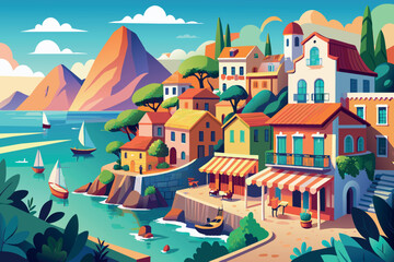A painting of a town with a boat in the water