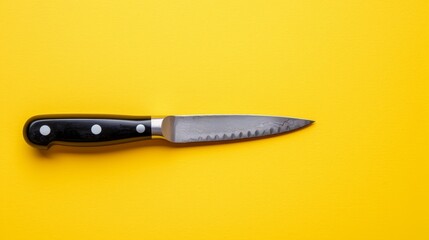   A knife with a yellow background, featuring a black handle and a white-dotted blade tip