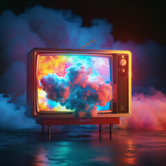 A television set with an abstract, colorful cloud design on the screen, floating in midair. The background is dark and minimalistic to highlight the vivid colors of the artwork inside the frame. 