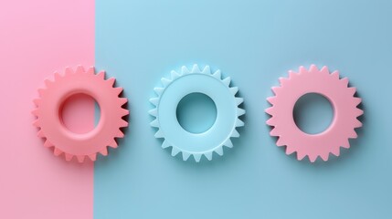  Three pink and blue gears arranged beside each other against a pink and blue background; one pink gear, one blue