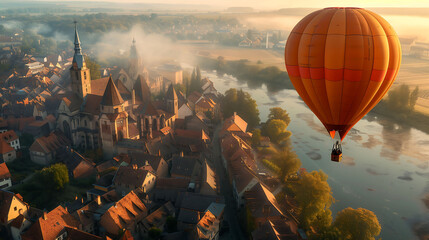 Obraz premium Balloon flying over mountains in a scenic countryside, windy, landscape, backdrop, banner, background, template