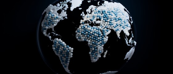 An artistic arrangement of plastic pellets creating a globe on a dark background, representing global plastic issues,