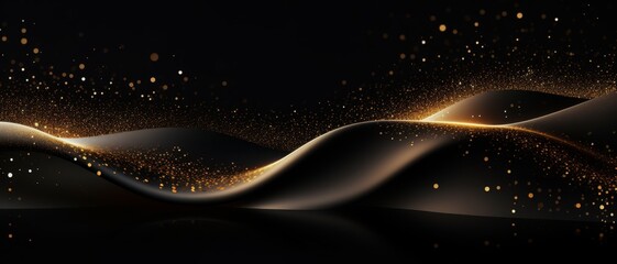 Black background featuring a futuristic wave of glittering golden particles and sparkling dust,