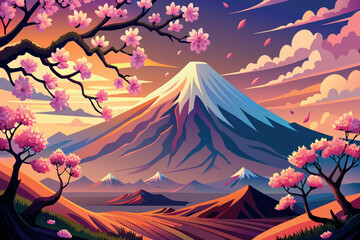 A mountain range with a pink and purple sky in the background