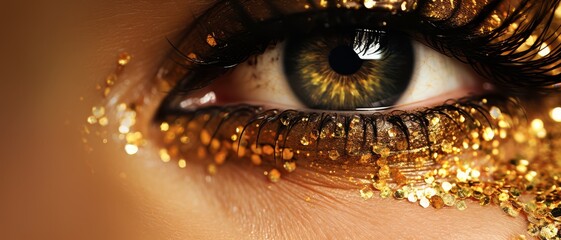 Macro photography of gold glitter and sequins, capturing the sparkle and shine,