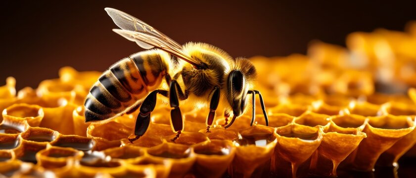 A gold bee on a honeycomb, close-up to show the detail and texture contrast,