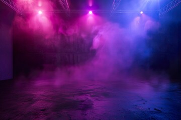 The dark stage shows, purple background, an empty dark scene, neon light, spotlights The asphalt floor