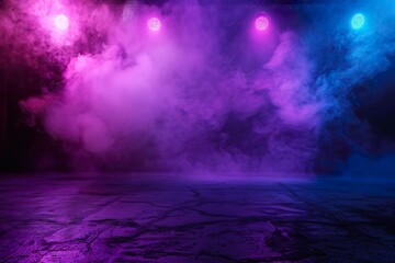 The dark stage shows, purple background, an empty dark scene, neon light, spotlights The asphalt floor