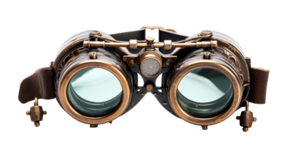 A pair of binoculars rests on a white surface on transparent background