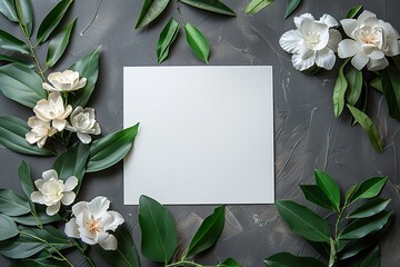 top view of white blank card near paper flowers with green leaves on grey background