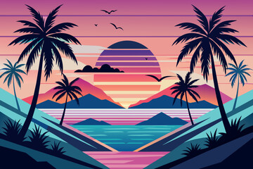 A tropical beach scene with palm trees and a sunset in the background
