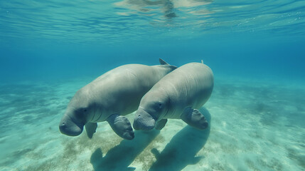 Fototapeta premium Dugong couple gracefully swims in the vibrant underwater