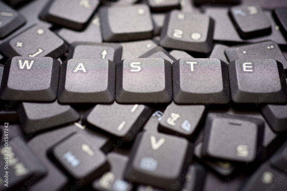 Poster keys of an old keyboard creating the word waste
