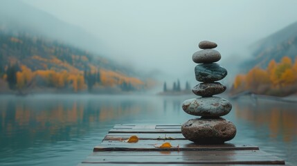   A stack of rocks atop a weathered wooden dock, surrounded by a tranquil body of water Trees line the backdrop