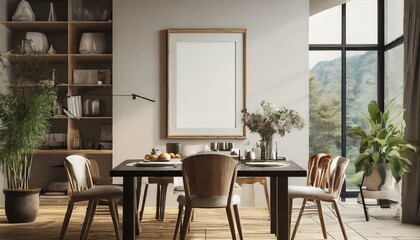 Obraz premium Inviting Dining Space: 3D Render of a Cozy Mockup Frame in a Dining Room