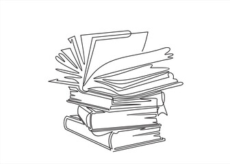 Continuous one line drawing of stack of books and open book. Single line of notebooks for background. Education, business, back to school hand drawn sketch design. Editable stroke