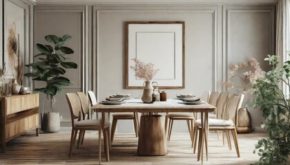 Inviting Dining Space: 3D Render of a Cozy Mockup Frame in a Dining Room"