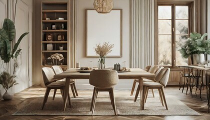 Inviting Dining Space: 3D Render of a Cozy Mockup Frame in a Dining Room"