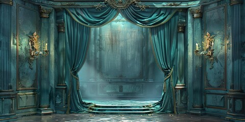 turquoise curtain stage with frames, - obrazy, fototapety, plakaty