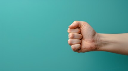  A hand in a fist, closely framed against a blue background) Alternatively, if it