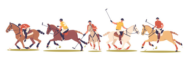 Polo Players In Action, Male Characters Riding Their Horses While Wielding Mallets. Their Poses Reflect The Intensity