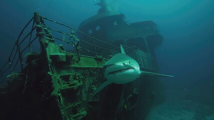 underwater view with a large shark close to a sunken ship AI generated