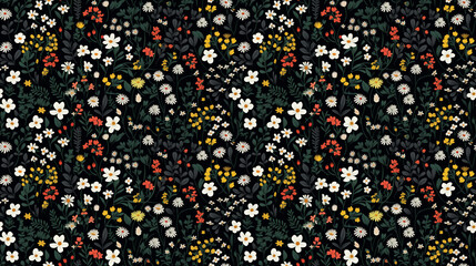 A seamless pattern of colorful flowers and leaves on a black background.