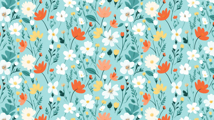 A seamless pattern of colorful flowers and leaves on a blue background