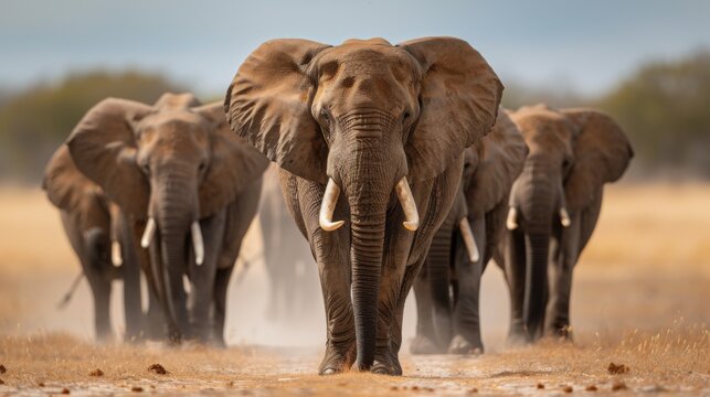 A powerful elephant leads a herd across the dry savanna, kicking up dust under a vast sky, showcasing wildlife in its natural habitat
