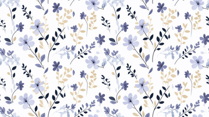 A cute floral pattern with cream, blue, and purple flowers and dark stems and leaves on a white background.