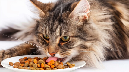 Naklejka premium The cat is sticking out its tongue to eat kibble