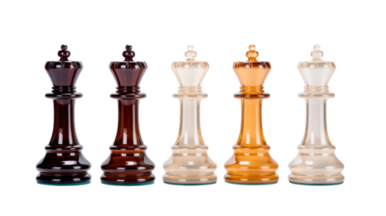 Glass chess pieces arrayed on white background, creating a reflective and elegant scene on transparent background