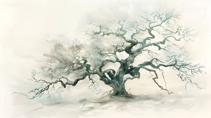 Elegant Watercolor Depiction of Sprawling Ancient Oak Tree Against Pristine White Backdrop