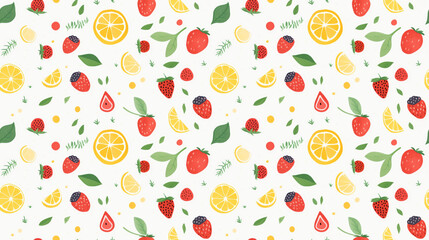 A pattern of strawberries, lemons, and leaves.