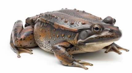 Fototapeta premium An isolated profile shot of a frog presents its unique physical attributes on a clean, white background