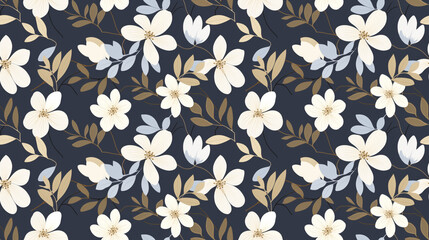 A seamless floral pattern with white and cream flowers and brown and blue leaves on a dark blue background.