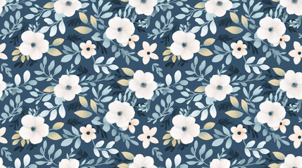A seamless floral pattern with white and yellow flowers on a dark blue background.