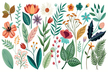 A colorful floral pattern with a variety of flowers and leaves