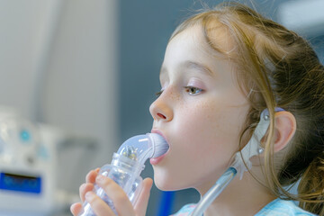 9-year-old girl breathing into a peak flow meter (spirometer). Lung function test. - obrazy, fototapety, plakaty