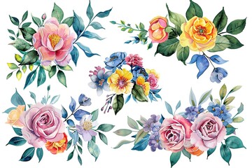 Watercolor floral illustration bouquet set - collection of green blush blue yellow pink frame, border, bouquet