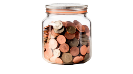 A glass jar overflowing with an abundance of shining coins on transparent background