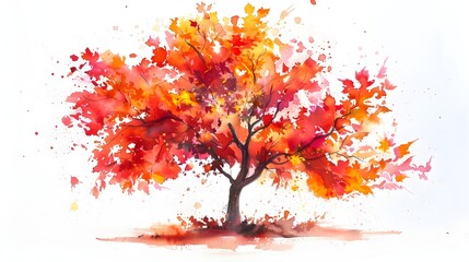 Obraz na płótnie Canvas Vibrant Autumn Maple Tree Watercolor Painting with Fiery Foliage