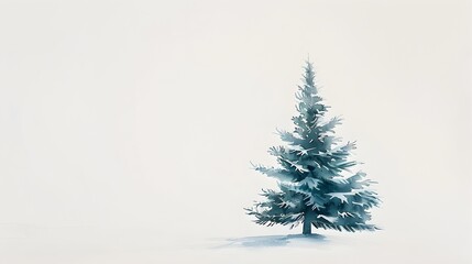 Lone Pine Tree in Snowy Winter Landscape,Minimalist Watercolor Sketch