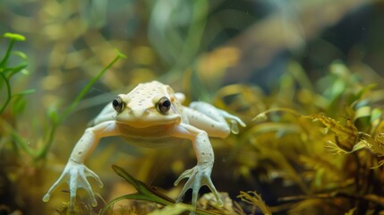 An image of a rare albino frog effortlessly swimming amongst bright yellow underwater plants